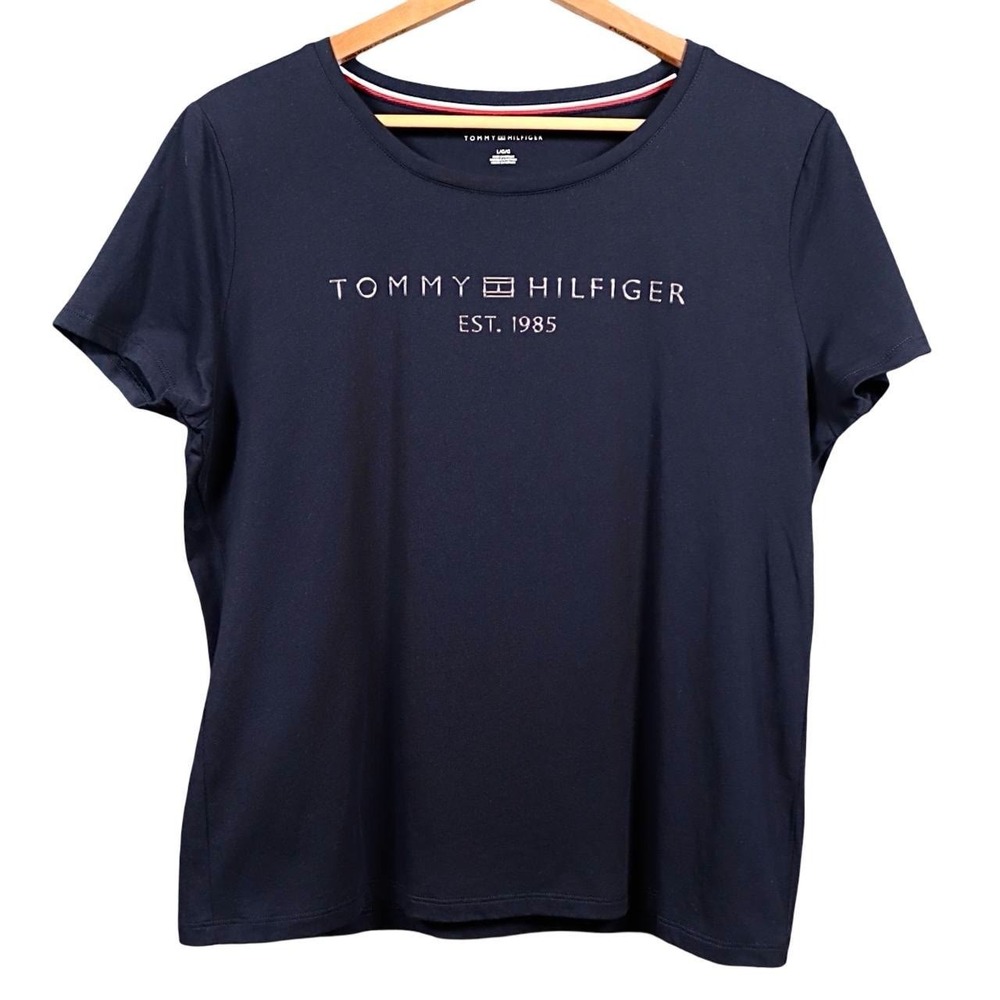 Tommy Hilfiger Raised Metallic Logo T Shirt Womens L Navy Cotton Nautical Preppy